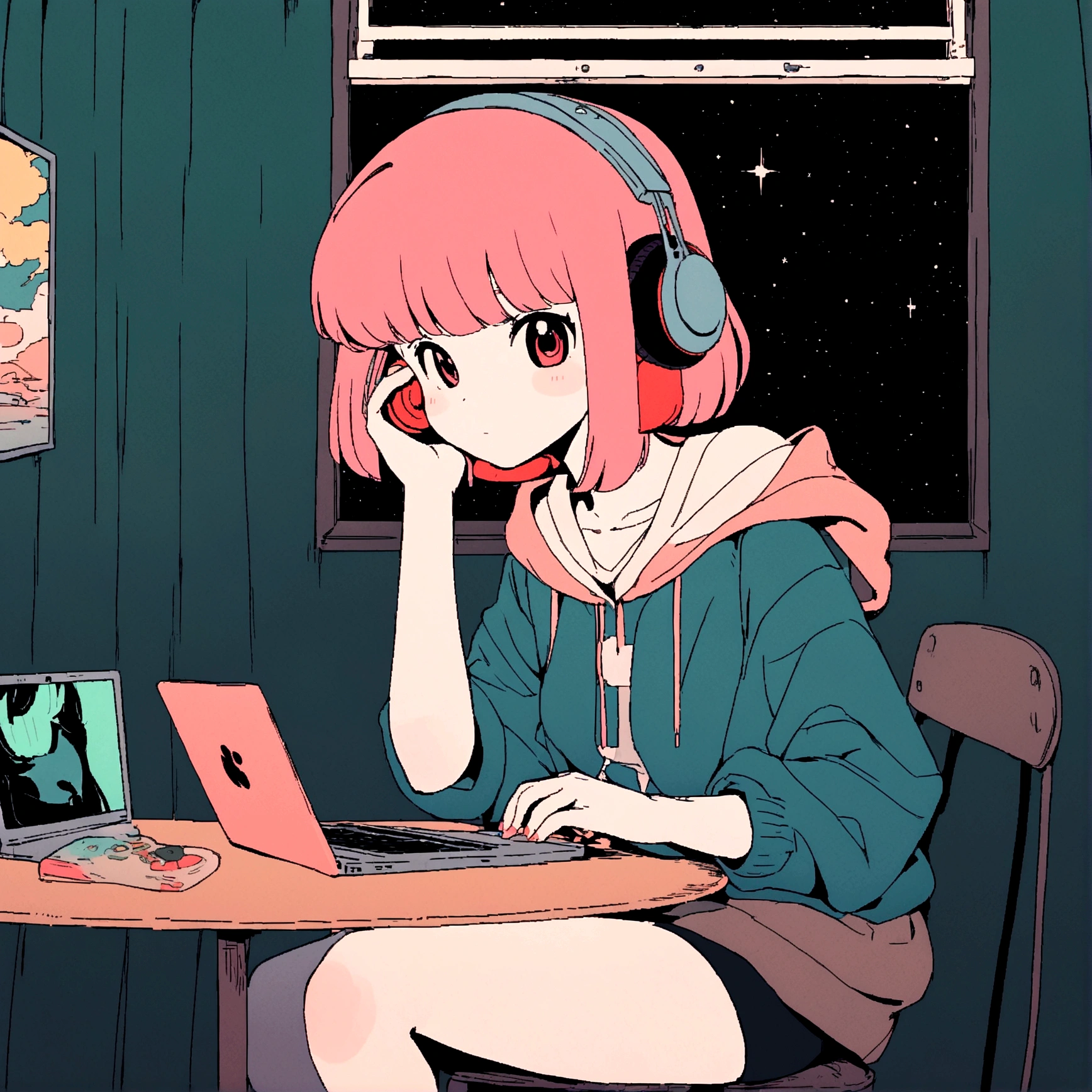 Anime girl sitting at table with laptop and headphones, Night view outside the window, zeroガール, Praise the art style, Portrait of Lopi, lofi art, lo-fi sensation, zero, zeroバイブ, chill hop, Lo-fi girl aesthetic, lo-fi art, zeroカラー, lo-fi style illustration, hip hop lofi, Lo-Fi aesthetic