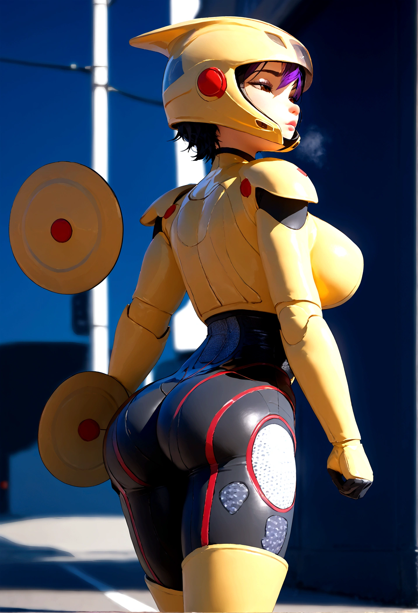 score_9, score_8_up, score_7_up, score_6_up,score_5_up,score_4_up, BREAK ,big breasts, 1girl, solo, score_9, score_8_up, score_7_up, BREAK, gogotomago, 1girl, solo, short hair, simple background, black hair, brown eyes, purple hair, boots, yellow bodysuit, helmet, cowboy shot, street background, wide hips, medium breasts, detailed, black bodysuit, from behind, ass,