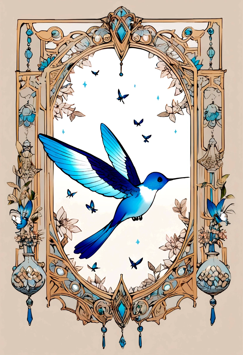 a blue and white hummingbird that is in the air in profile that is lively and adorable