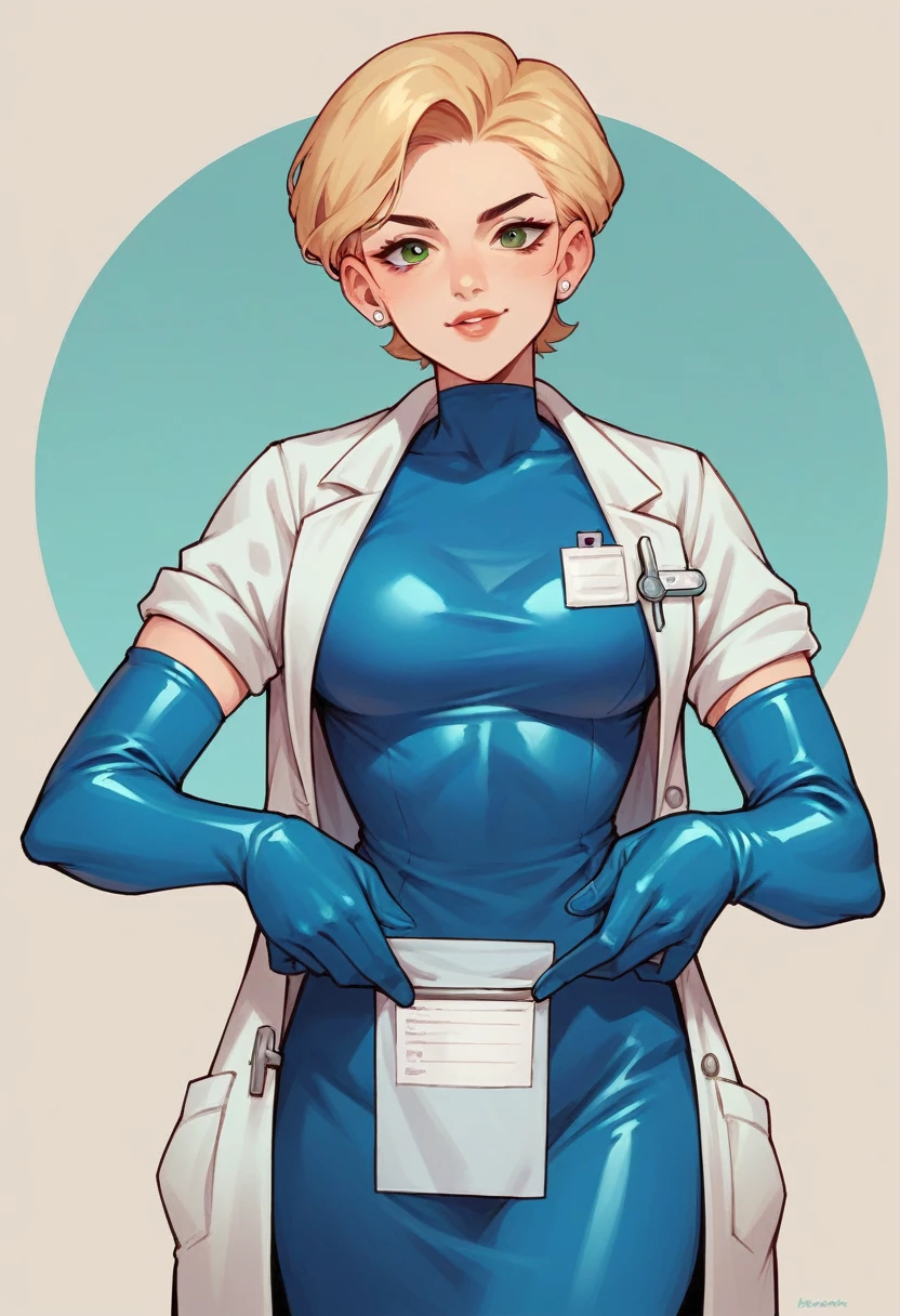 1girl, ((blue elbow gloves)), ((surgical gloves)), ((latex gloves)), ((long sleeves)), ((blue surgeon outfit)), ((doctor outfit)), looking at viewer, ((surgeon girl)), standing, solo