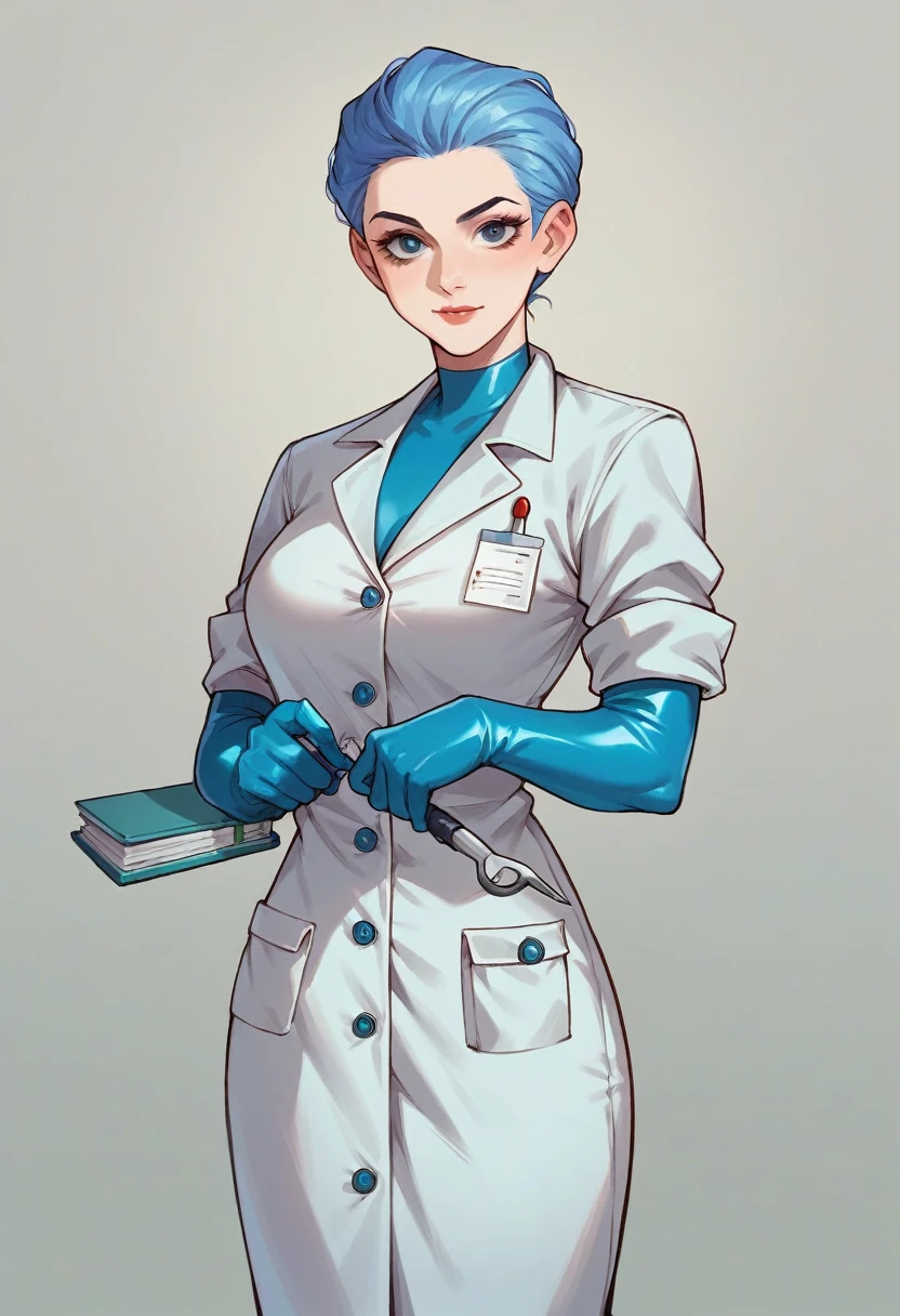 1girl, ((blue elbow gloves)), ((surgical gloves)), ((latex gloves)), ((long sleeves)), ((blue surgeon outfit)), ((doctor outfit)), looking at viewer, ((surgeon girl)), standing, solo