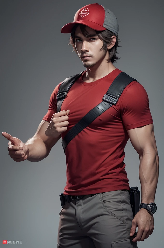 Free fire style male character, backwards cap color gray and red shirt