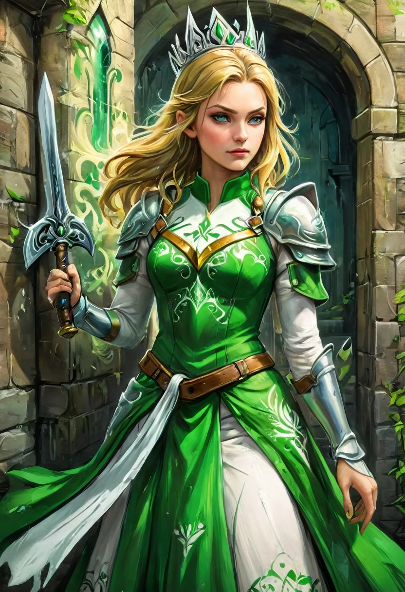a ga graffiti painting art on the wall of the castle of Princess Zelda on the wall of a castle, ,Princess Zelda (intense details, Masterpiece, best quality: 1.5), wearing intricate green dress, delicate diamond crow, ultra detailed face, ultra feminine, fair skin, exquisite beauty, gold hair, long hair, wavy hair, small pointed ears, dynamic eyes color, wearing heavy green and white armor, shinning metal, armed with elven sword, ais-graffiti, chumbasket art style, graffiti art