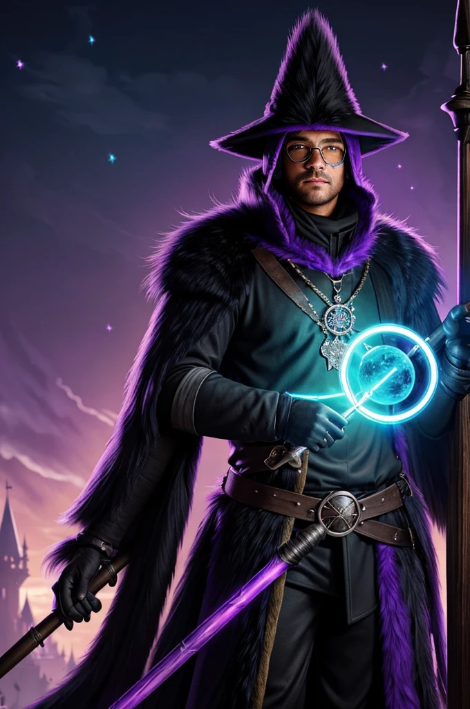 Protogen, furry art, masterpiece, great anatomy, black fur, neon purple details, detailed background, medieval age, bright night, fluffy tail, male, wearing a black mage tunic and a mage hat, solo, long wooden magical staff, mage, castle, spell casting