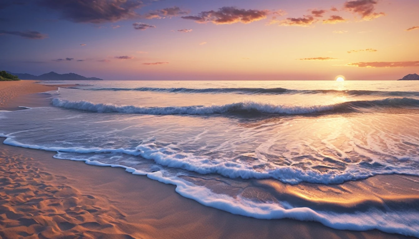 no humans, , masterpiece, highest quality,, detailed description,, relaxing, dusk, sea, sand beach, photorealistic, surreal