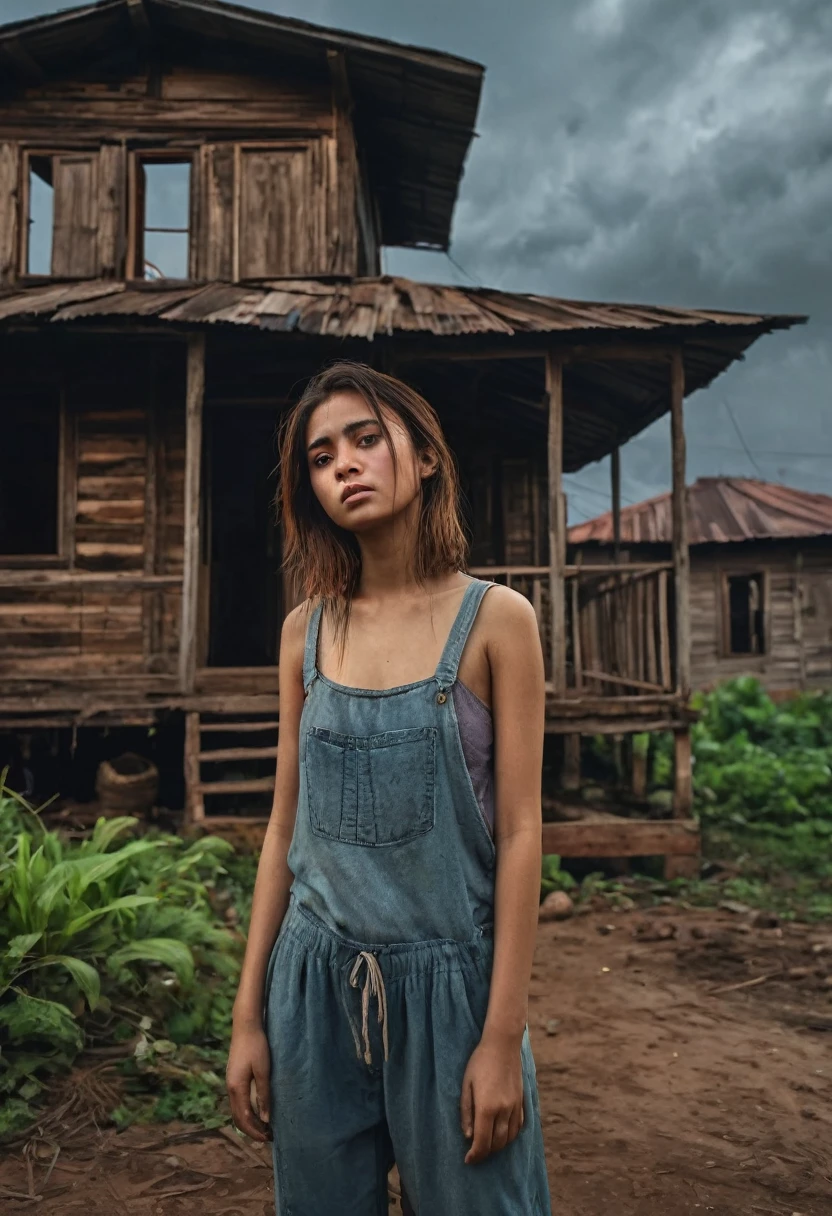 Image of a young women , women standing alone in front of a wooden house, sad expresion, wearing dirty clothes , poor vegitation near houses , dust clouds in the sky , evening time