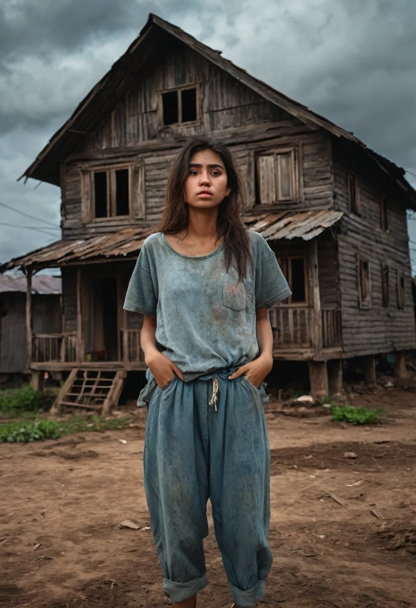 Image of a young women , women standing alone in front of a wooden house, sad expresion, wearing dirty clothes  , poor vegitation near houses , dust clouds in the sky , evening time  