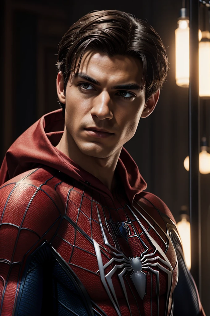 A photograph of Spider-Man., sin mascara, the 20s, elegant, detailed face, looking to the camera, portrait, 8k hd, high quality
