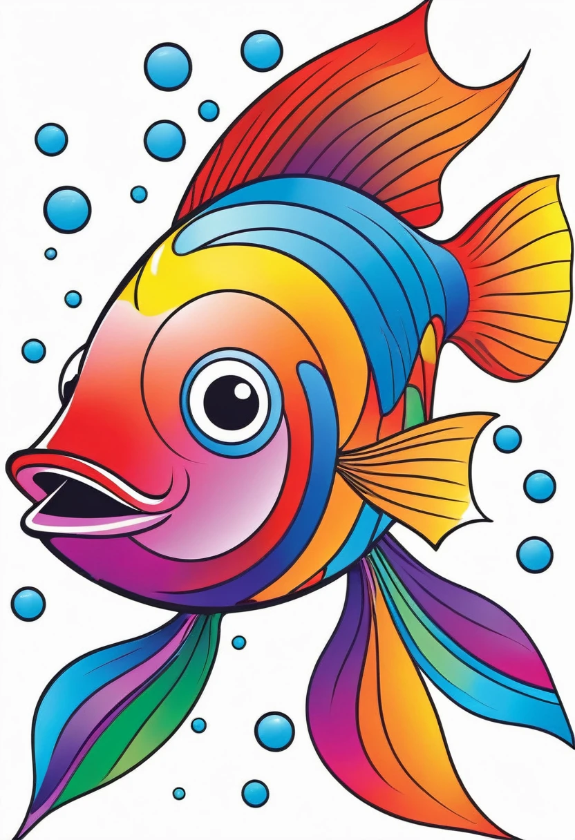 happy multicolored fish, Abstract Art for Children style, outline, vector, white background