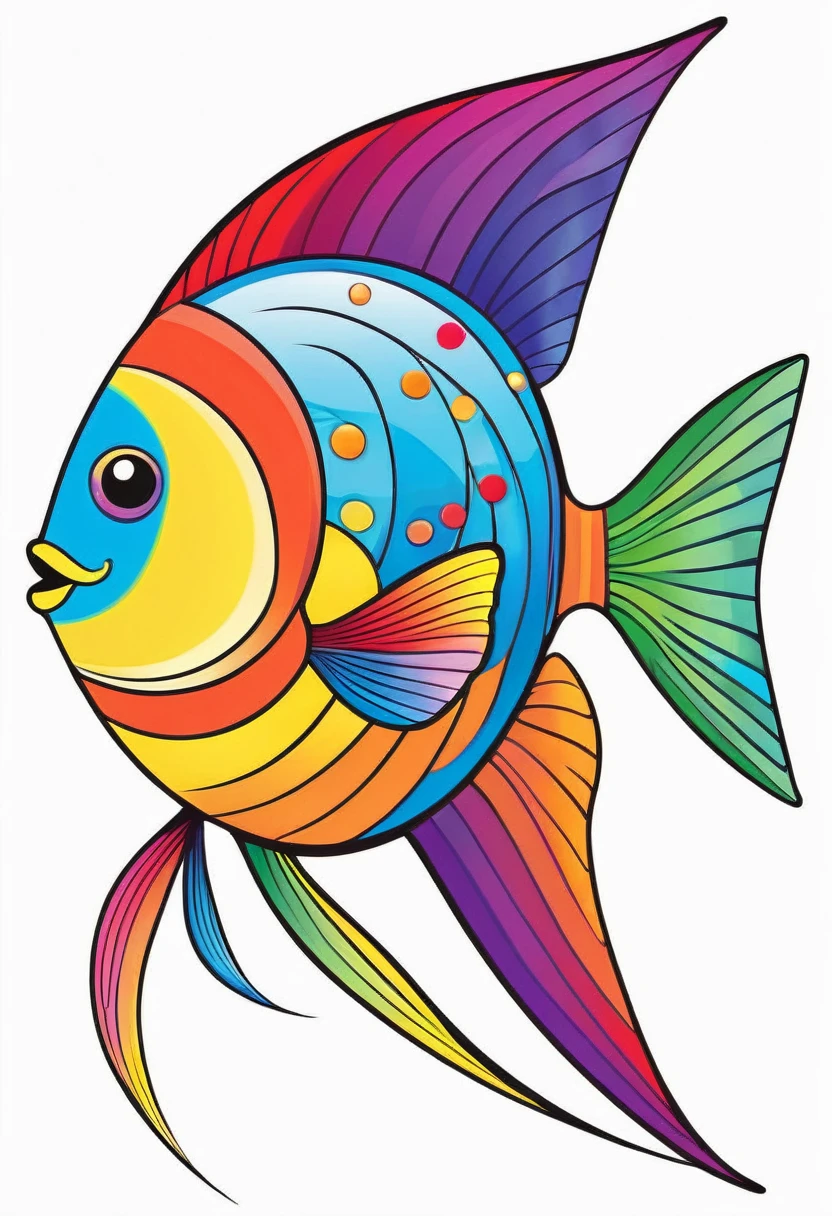 happy multicolored fish, Abstract Art for Children style, outline, vector, white background