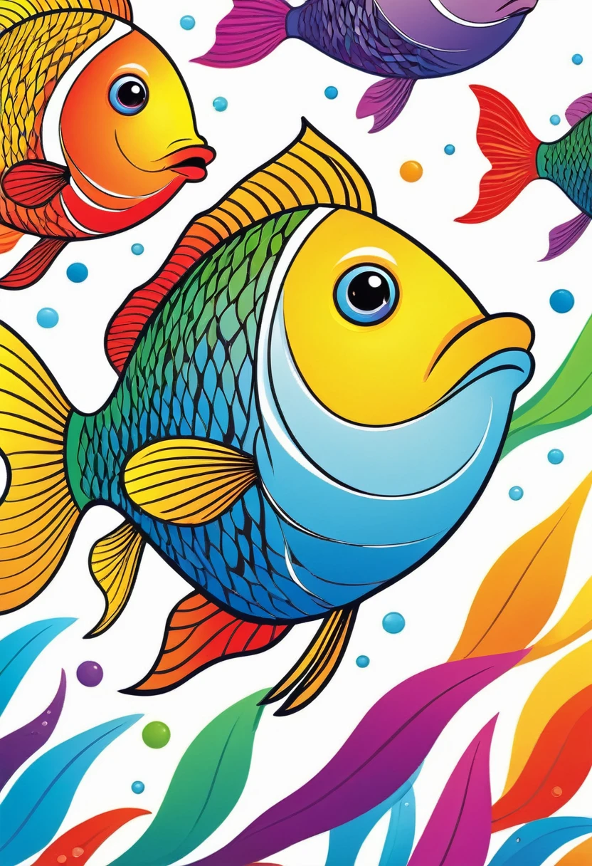 happy multicolored fish, Abstract Art for Children style, outline, vector, white background