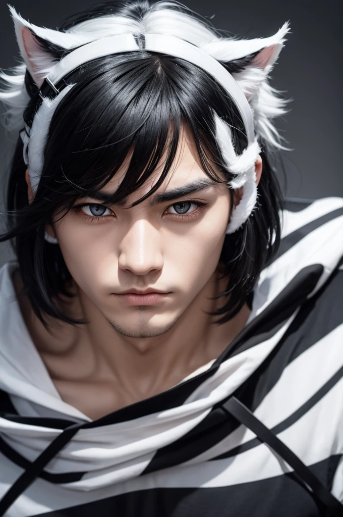 Strong man half black hair half white eterochromatic eyes with cat ears