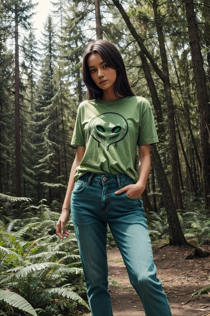 Green alien weeping jeans and T-shirt in forest