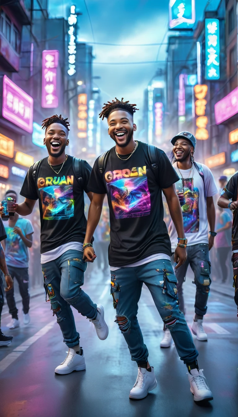 BLACK adult men dressed in urban clothing t-shirts, In an urban landscape and holographic signs、HAPPY DANCING on the road. are drinking and laughing, The background is modern and cyberpunk, high tech vibe. Lovely Digital Painting, 3D rendering, Bright lighting, swirly vibrant colors. adult people, BEAUTIFUL black people, different faces.