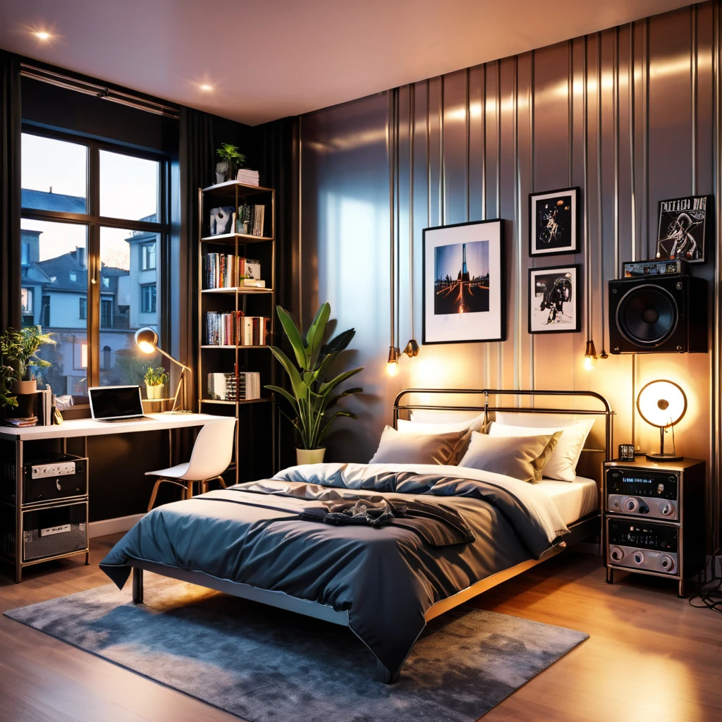 inside of a metal music lover agers room, there is a bed, radiant evening light