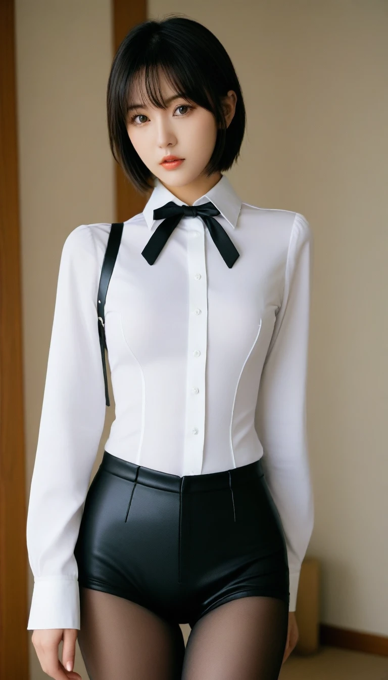 8K, Ultra-high resolution, Highest quality, masterpiece, 三分割法によるphotograph,Surreal, photograph, 1 Girl, (16 years old:1.3), pretty girl, Cute face, Beautiful eyes in every detail, 細かくdetailedに,masterpiece,One Girl:1.2, Japan Female Announcer, whole body,Front view, Are standing, Perfectly drawn body, Embarrassed look, White skin, Beautiful Face, Black Hair,Bob with bangs, Very fine grain, Pink Cheeks, choker:1.6, (White long sleeve button down shirt with white collar), (Black leather corset), (shiny black leggings), Sensual lips ,disgust,Elegant Room,Beautiful leg line beauty,Looking at the audience、beauty,Long neck、(((Ideal body type))),A cup small breasts :2,、Portraiture:2、Perfect Anatomy、鮮明なdetailed、detailed、Surreal、Light and shadow,Strong light