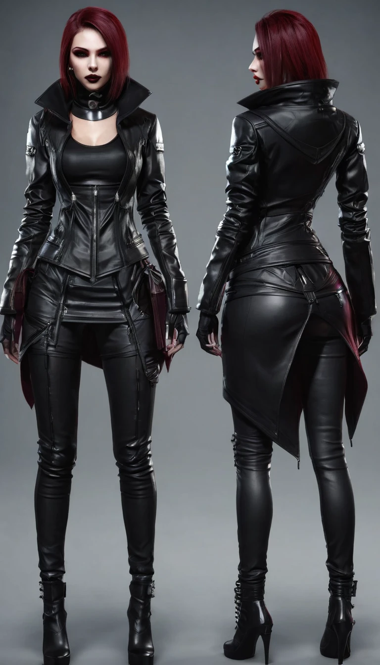 Create a full body  character and clothing items from vampire clans in modern times and create modern and cyberpunk fashion. Front, side and backCreate a full body female character and clothing items from vampire clans in modern times and create modern and cyberpunk fashion. Front, side and back