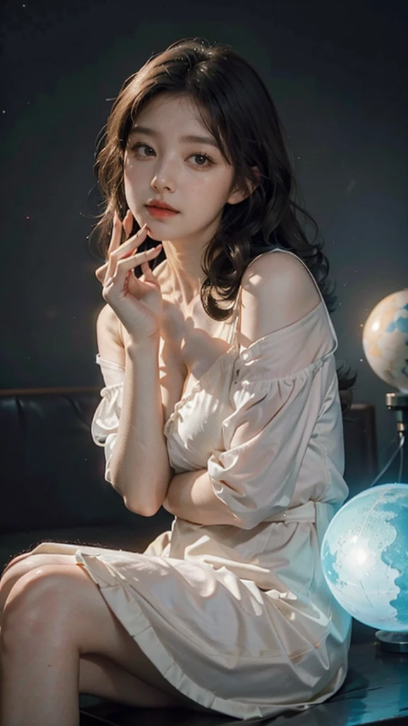 ((1girl)), short dark hair, wavy hair,glowing skin, mouth closed and expressionless, sitting, with her hands holding a glowing orb while two other glowing spheres orbit around her,