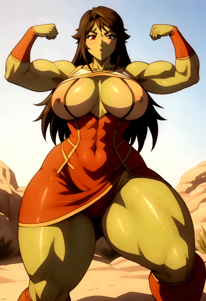 An ogre woman with green skin and having a height of 3.10m she is wearing old battle clothes she has red eyes and she is an ogress she is muscular and poses showing off her muscles she has breasts and a huge ass and big thighs and huge hips she is on a battlefield