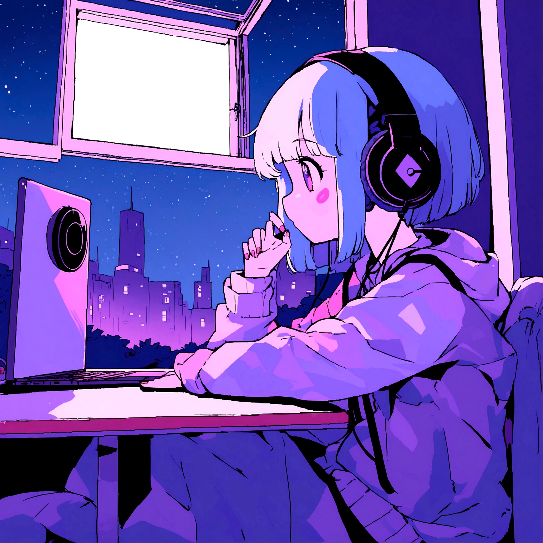 Anime girl sitting at table with laptop and headphones, Night view outside the window, zeroガール, Praise the art style, Portrait of Lopi, lofi art, lo-fi sensation, zero, zeroバイブ, chill hop, Lo-fi girl aesthetic, lo-fi art, zeroカラー, lo-fi style illustration, hip hop lofi, Lo-Fi aesthetic