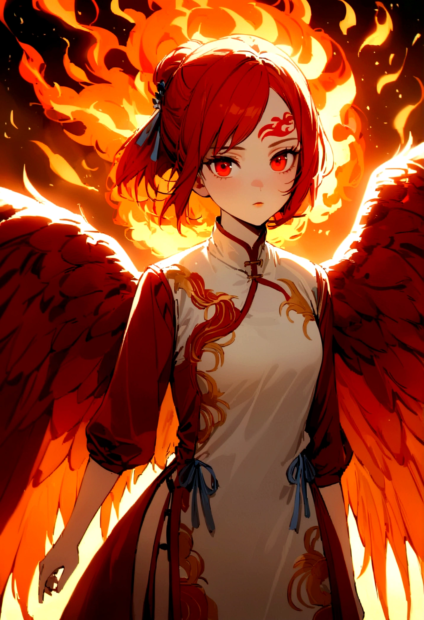 A girl with straight red hair and red eyes, dressed in a tunic with cloud embroidery and a light blue ribbon on her forehead with cloud embroidery, her wings were red like that of the phoenix with fire, she has adult skin and is surrounded by disciples preparing for a war.