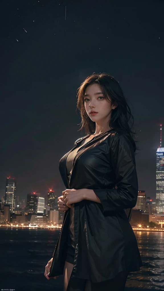 City night view (bustling city at night in the background) (great works: 1.3), (best quality: 1.1) (masterpieces: 1.3) with unparalleled masterpieces, surreal 8K, perfect artwork, super details, best quality, masterpieces 4K wallpaper aesthetics, masterpieces, award-winning artwork, official art, cinematic lighting