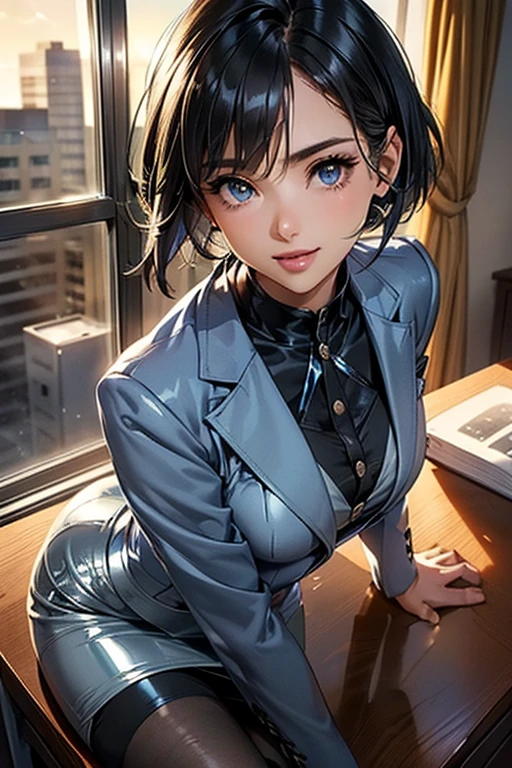 #Basics A girl is posing for a photo, animeのかわいい女の子, (((One Girl, Baby Face, Young girl, ))),
BREAK
#Clothing Accessories
(White Collar Dress Shirt) + (blue suit jacket:1.4) + (Blue suit vest:1.4) + (Blue shiny pencil mini skirt:1.4) + (Black Pantyhose) + (Black high heels),
red gem earrings, Silver Necklace,
BREAK
#Features
(Black Hair), (Bangs that expose the forehead, Beautiful forehead), (Pixie Cut Hair : very short back hair + Hair that bounces out),
(Droopy eyes, blue eyes), (Small breasts),
BREAK
#background environment
(noon、(A beautiful, sunny office, Modern Building, You can see the building from the window.))
#Facial Expression Pose
((Wicked Smile, Teeth are visible), (A confident and powerful atmosphere, A commanding presence, Sit on a desk)),
#composition
((Face the camera, Angle from below, Cowboy Shot)),
BREAK
#Body parts elements
(Detailed hair, Beautiful Hair, Shiny Hair),
(double eyelid, Long eyelashes),
(Expression of fine eyes, Beautiful and delicate eyes, Sparkling eyes, Eye Reflexes, Glitter Eyeliner),
(Human Ear),
(Beautiful Nose, Thin Nose),
(Glossy lips, Beautiful Lips, Thick lips, Glossy Lips, Natural Cheeks),
(Detailed face, Symmetrical facial features),
(Detailed skin, Textured skin, Beautiful Skin, Shiny skin),
BREAK
#Quality
(((Highest quality)), ((masterpiece)), ((Very detailed))), ((High resolution), (16K,1080P)),
(Realistic), (Anatomically correct),
((comics, anime)), (3DCG), CG illustration,