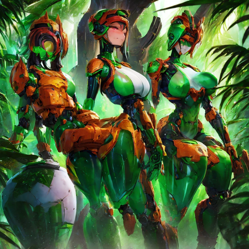 A female robot with large robotic breasts and a large green and red mechanical butt with a metallic face in a Mayan jungle and injured eyes