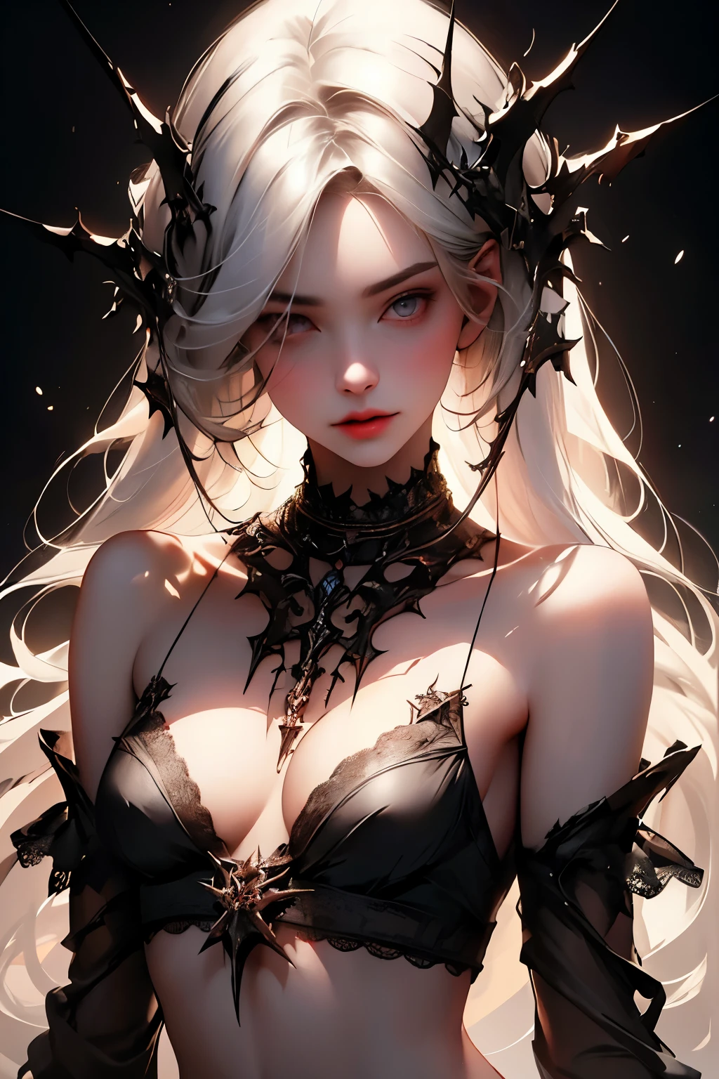 ((best quality)), ((masterpiece)), (detailed), 1girl, off-shoulder, Character design, female, dynamic poses, long white grey hair, grey white eyes, very skinny, detailed, best quality, no accesoires around the neck, no shoes, prominent collarbones, skinny arms, flat stomach, visible hip bones, full body, detailed gothic, NSFW, Very dramatic and cinematic lighting, cosmic horror, grim-dark, side-lighting, perfect face, NSFW, Realistic Shadows, Detailed skin, Very small breasts, Hair Ribbon, Very detailed, highly detailed face, Perfect face shape, Perfect lips, Perfect nose, Correct beautiful eyes, Watching Viewer, Best Quality, Single Girl, No bra, No panties, Solo 