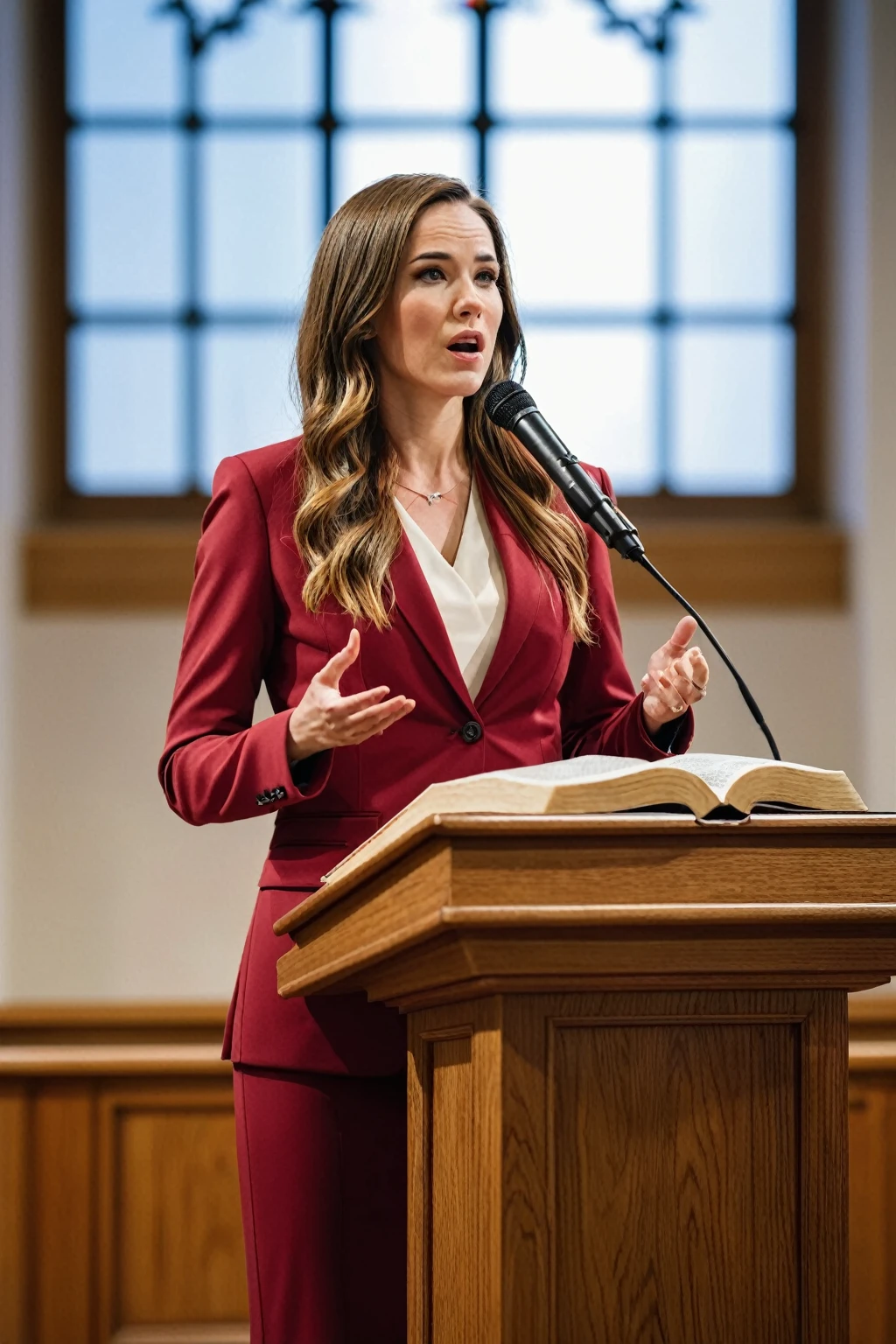 ((woman)), (30 year old), (long hair), (wearing reddish suit), (speech at a lectern), (bible on the pulpit), (modern protestant church background), (natural light), (photo realism), (hyper detailed), diffuse lighting, (((front view))), (Nikon D850 DSLR), ((long shot at 200mm f/1. 8 lens)), (Slightly blurred background with bokeh effect)