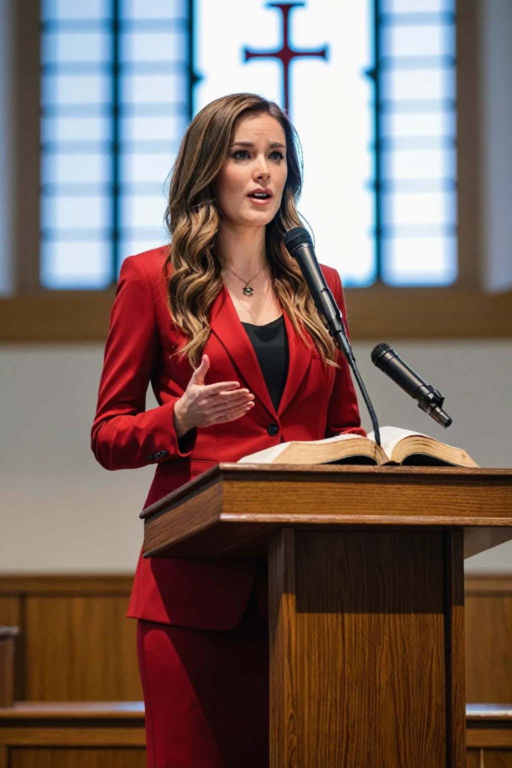 ((woman)), (30 year old), (long hair), (wearing reddish suit), (speech at a lectern), (bible on the pulpit), (modern protestant church background), (natural light), (photo realism), (hyper detailed), diffuse lighting, (((front view))), (Nikon D850 DSLR), ((long shot at 200mm f/1. 8 lens)), (Slightly blurred background with bokeh effect)