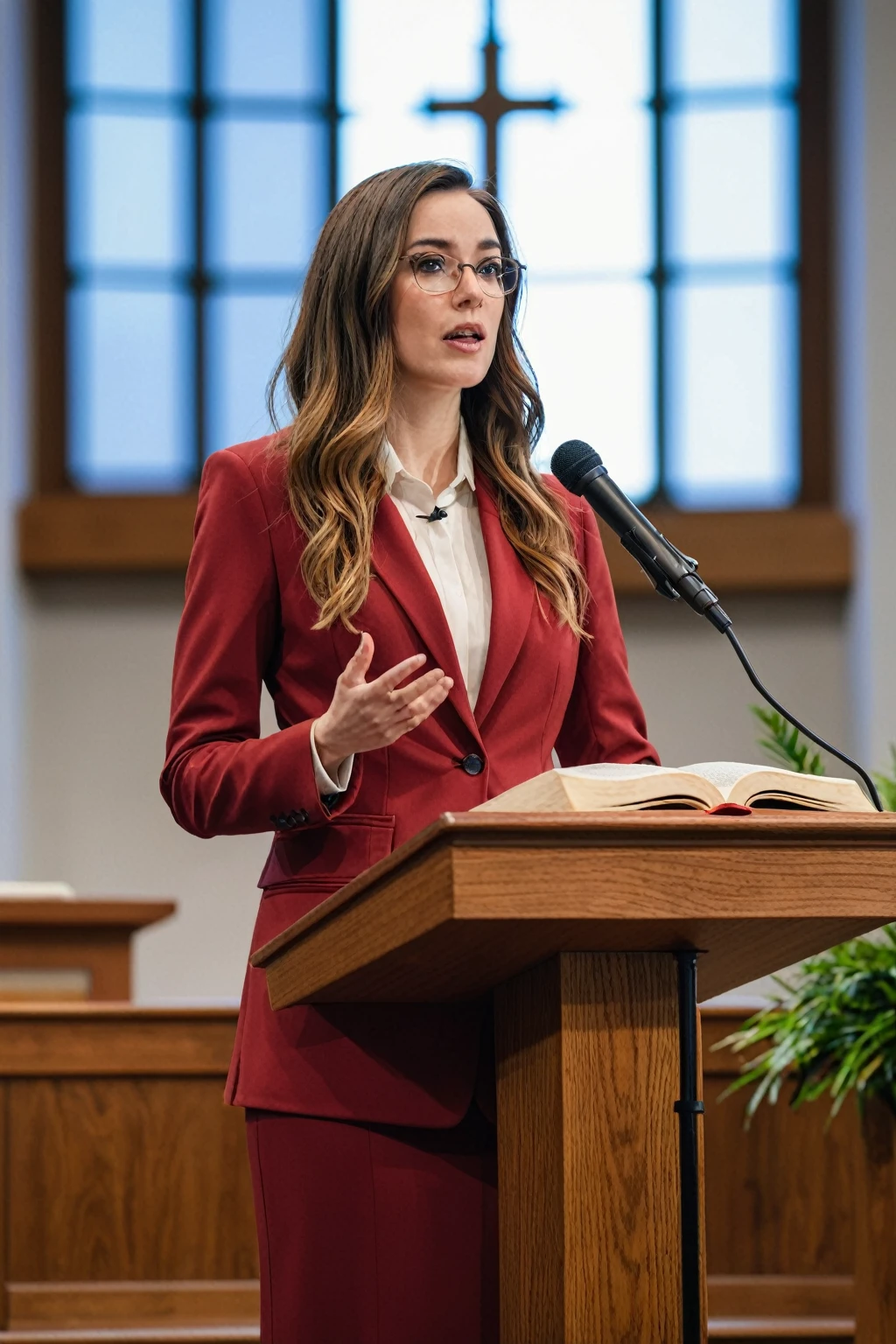 ((woman)), (30 year old), (long hair), (wearing reddish suit), (speech at a lectern), (bible on the pulpit), (modern protestant church background), (natural light), (photo realism), (hyper detailed), diffuse lighting, (((front view))), (Nikon D850 DSLR), ((long shot at 200mm f/1. 8 lens)), (Slightly blurred background with bokeh effect)