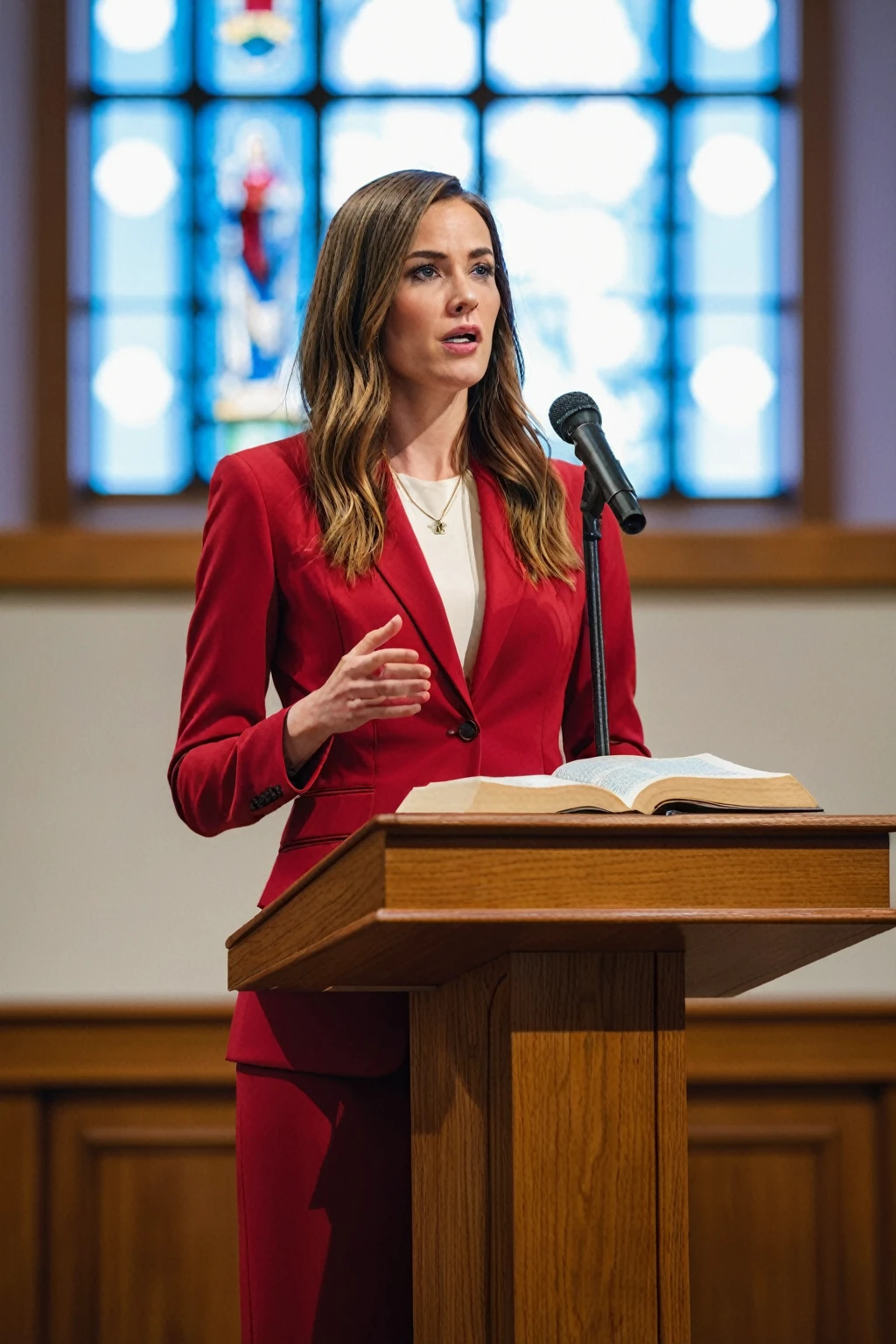 ((woman)), (30 year old), (long hair), (wearing reddish suit), (speech at a lectern), (bible on the pulpit), (modern protestant church background), (natural light), (photo realism), (hyper detailed), diffuse lighting, (((front view))), (Nikon D850 DSLR), ((long shot at 200mm f/1. 8 lens)), (Slightly blurred background with bokeh effect)