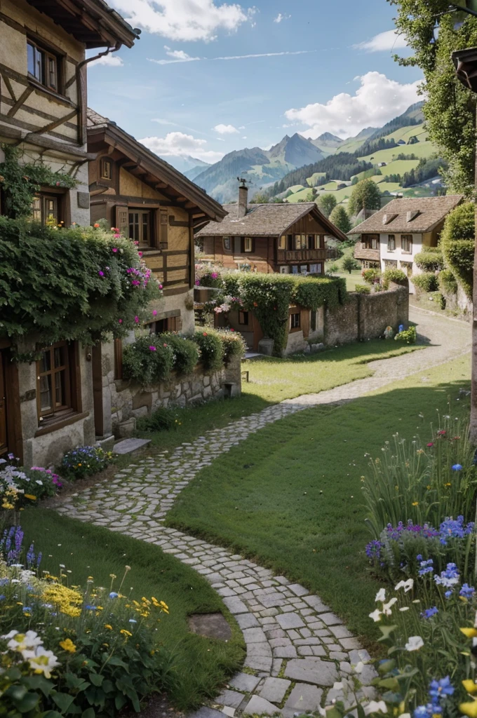 a picturesque village in the swiss alps, appenzell innerrhoden, switzerland, rolling green hills, charming traditional buildings, medieval architecture, cobblestone streets, quaint shops and cafes, people in traditional swiss clothing, mountain landscape, fluffy clouds, golden sunlight, detailed foliage, serene atmosphere, (best quality,4k,8k,highres,masterpiece:1.2),ultra-detailed,(realistic,photorealistic,photo-realistic:1.37),landscape,vibrant colors,natural lighting