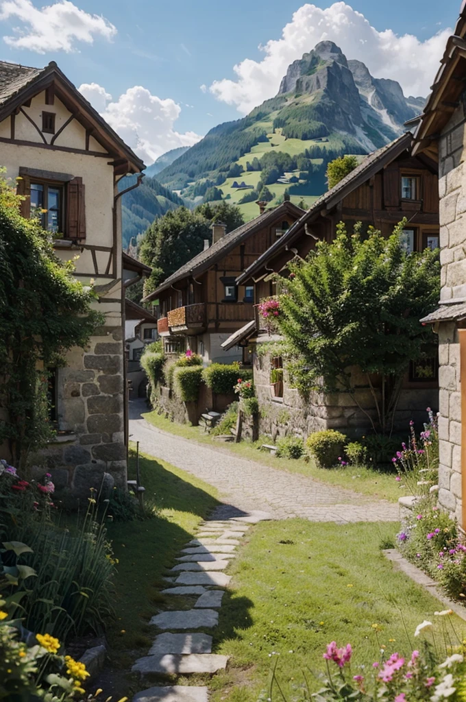 a picturesque village in the swiss alps, appenzell innerrhoden, switzerland, rolling green hills, charming traditional buildings, medieval architecture, cobblestone streets, quaint shops and cafes, people in traditional swiss clothing, mountain landscape, fluffy clouds, golden sunlight, detailed foliage, serene atmosphere, (best quality,4k,8k,highres,masterpiece:1.2),ultra-detailed,(realistic,photorealistic,photo-realistic:1.37),landscape,vibrant colors,natural lighting