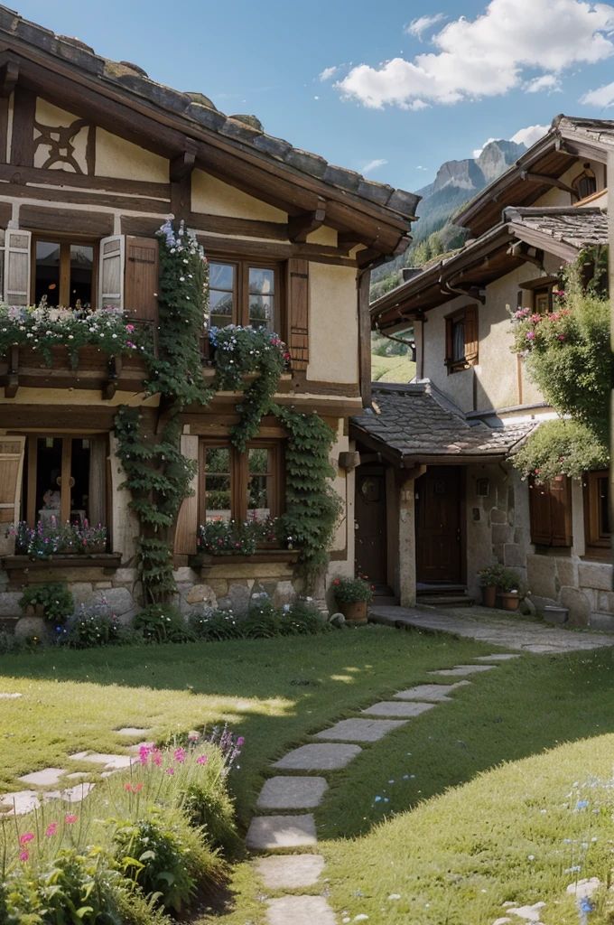 a picturesque village in the swiss alps, appenzell innerrhoden, switzerland, rolling green hills, charming traditional buildings, medieval architecture, cobblestone streets, quaint shops and cafes, people in traditional swiss clothing, mountain landscape, fluffy clouds, golden sunlight, detailed foliage, serene atmosphere, (best quality,4k,8k,highres,masterpiece:1.2),ultra-detailed,(realistic,photorealistic,photo-realistic:1.37),landscape,vibrant colors,natural lighting