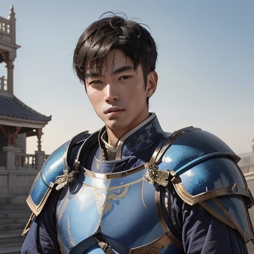 A close up of a handsome Asian man in blue armor breastplate and pauldrons as an Imperial Guard standing in front of a mansion.