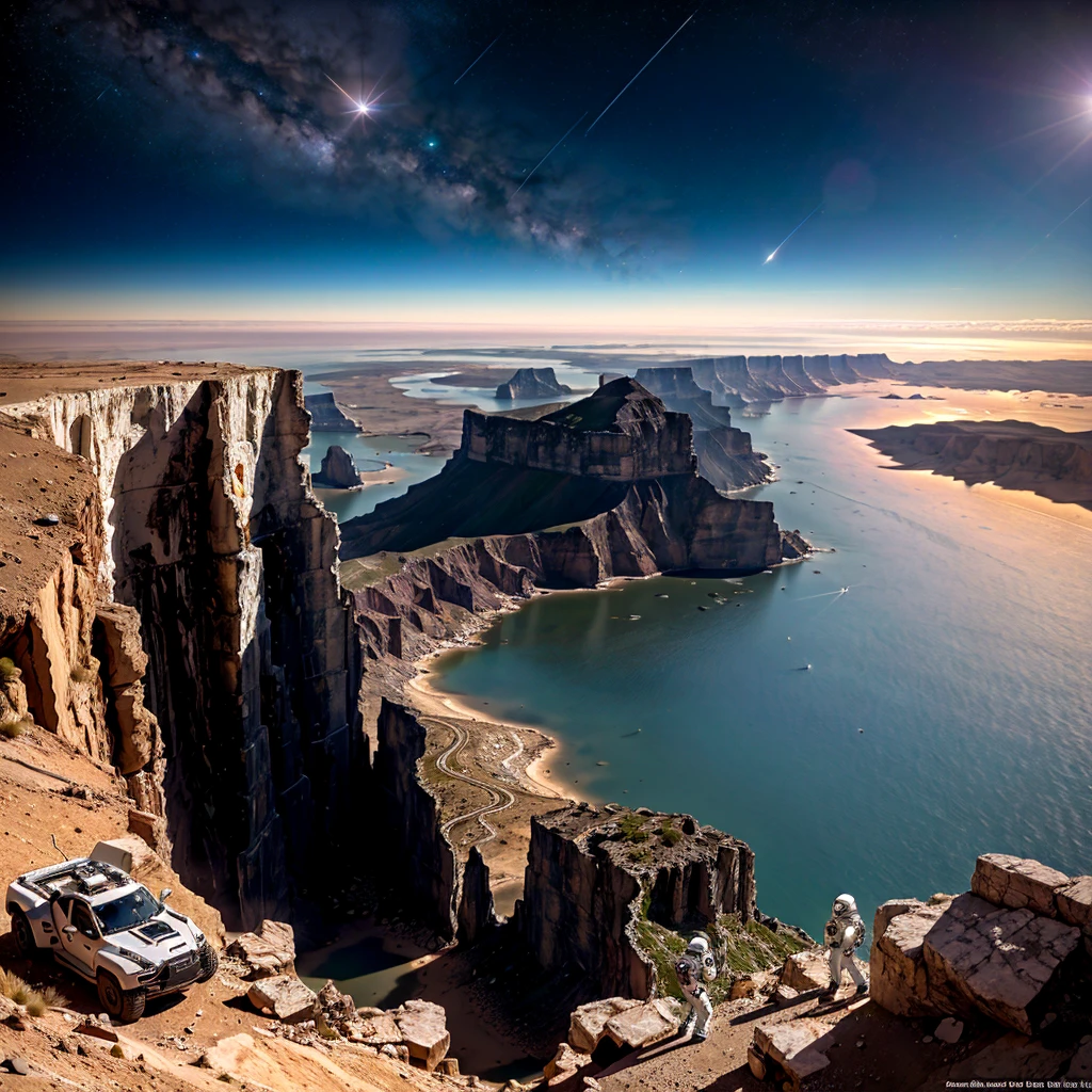 At the top of the mountain and on the edge of the cliff, a muscular blonde woman, with huge ass, showing big breasts and areolas, wearing white spacesuit, wearing titanium cyborg style boots, Looking and smiling at the camera, Beautiful feet, showing full body. Under the cliff, Four spaceships slowly emerge from the ruins of a desolate city built in the desert, Going to the stars, cinematic lighting, Glow Up, anáglifo, optical illusion, From  above, atmospheric perspective, ultra HD