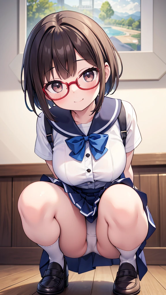 Hatopopoko、18-year-old、pretty girl , Short brown hair, Crouched down and looking embarrassed,smile、mischief、Pleasure、 Steam rises around her, Shooting from below, One girl, Very short hair, White blouse, Navy Blue Skirt, Navy blue socks, Brown Loafers, White panties, Red frame glasses, Everyday Style, Highest quality, 4K, 8K, High resolution, masterpiece:1.2, Super detailed, Realistic, photoRealistic, photo-Realistic:1.37, High resolution, 超High resolution, Studio Lighting, Ultra-fine painting, Sharp focus, Physically Based Rendering, Very detailed explanation, Professional, Vibrant colors, Bokeh