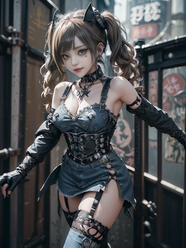 (Smiling with teeth showing:1.3),(Shibuya Gal:1.5)、(Prostitute:1.3)、(Gothic ta style fashion:1.5)、(Punk RockVisual Kei:1.4)、(Denim and black and white medieval noble mini skirt dress:1.5)、(Denim with black and white medieval gloves and bustier:1.5)、(Denim high heels:1.3)、(Wearing silver accessories:1.5)、(Denim collar:1.4)、(Black Leather Garter Belt:1.4)、(Brown Skin Belt:1.3)、(Black lace underwear:1.5)、20-year-old、NSFW、((Highest quality、In 8K、masterpiece:1.3))、Sharp focus:1.2、(Layered Cut、Huge boobs:1.1),Beautiful woman with perfect figure:1.4、(Dancing vigorously:1.3)、Slender Abs:1.2、Highly detailed face and skin texture、Detailed eyes、double eyelid,(Twin tails:1.3)、(Brown-golden hair:1.3)、Gravure idol、(The background is the Takarazuka Revue stage.:1.3)、(Slim body:1.2),(Make your legs thinner:1.4),(clavicle:1.1)
