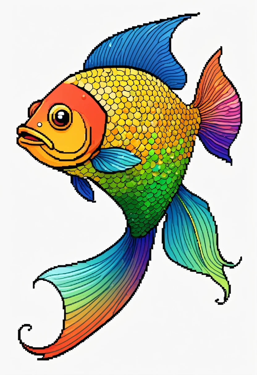 happy multicolored fish, Pixel Art style, outline, vector, white background