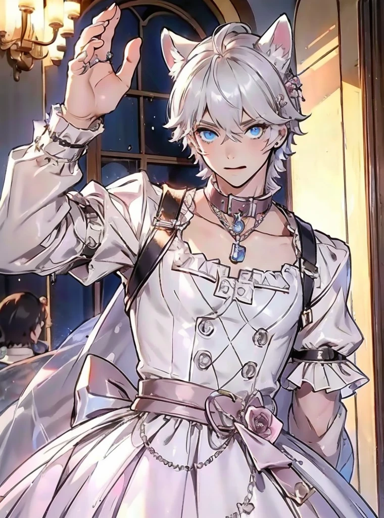 young male ager, white hair, blue eyes, crossdress, wearing a dog collar, dog ears, sticking tongue out, embarassed, prince dress