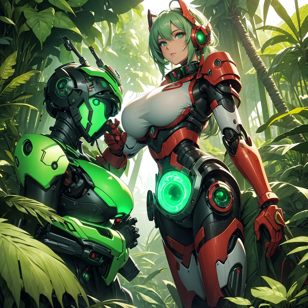 A female robot with large robotic breasts and a large green and red mechanical butt with a metallic face in a Mayan jungle and injured eyes