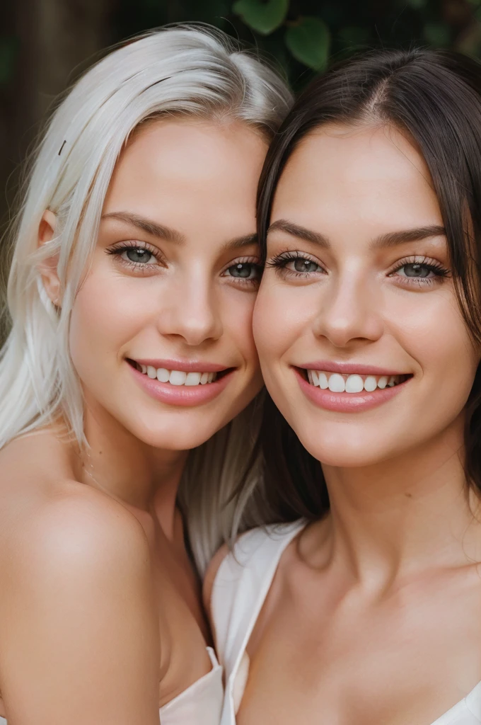 1 white haired girl, 1 brunette haired girl, together, side by side, beautiful girls, age 21, beautiful smiles, laughing, in washington, they are male magazine girls, detailed skin, realistic, photo-realistic, 8k sharp focus, highly detailed, full length frame, High detail RAW color art, piercing, diffused soft lighting, shallow depth of field, sharp focus, hyperrealism, cinematic lighting