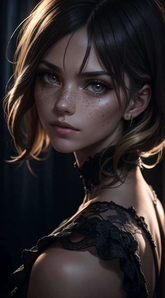 An exquisite portrait of an albino white woman with deep fair skin, a photograph captured in stunning 8k resolution and raw format to preserve the highest quality of details. The beauty of women is undeniable, her face commanding the frame in a close-up that reveals the intricate details of her eyes. She wears a dress that complements her radiant skin, and her eyes are portrayed with meticulous attention to detail, showing a captivating depth within. The photograph is taken with a lens that emphasizes the challenge of your gaze, and the backdrop is a dark studio environment that brings out the soft colors of the scene. Lighting and shadows are expertly crafted to highlight the richness of your skin tone and the subtle nuances of your features... Your blonde hair, with its distinct shadow, adds a touch of warmth and contrast against your skin. The interior ambiance adds a sense of intimidation, while the freckles on your skin tell their own story. The overall composition captures its essence with traditions and grace, creating a portrait that is a celebration of your heritage and beauty. Photography by challenge512, using the best shadow and lighting techniques, to create a mesmerizing portrait that transcends the visual.
