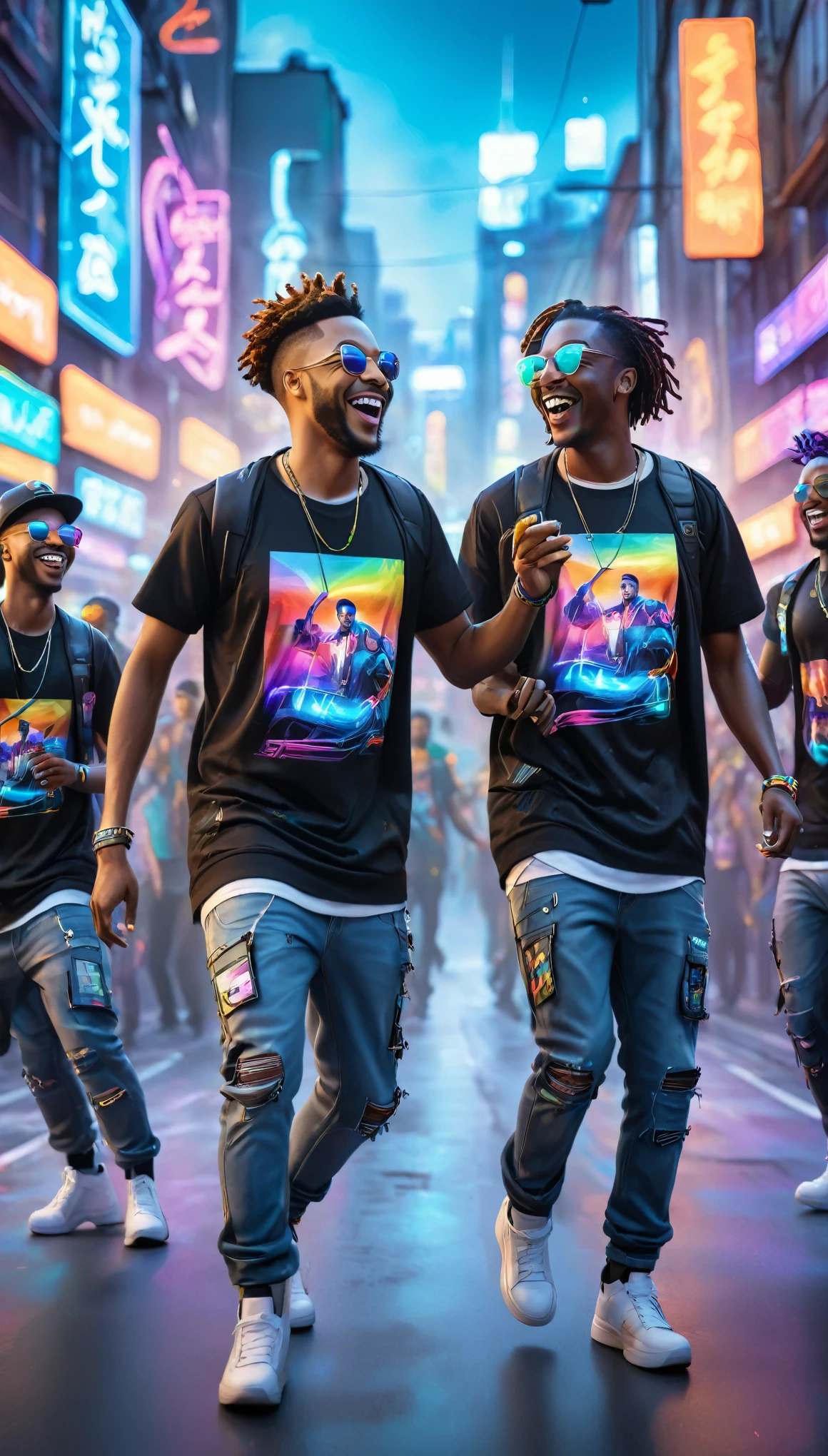 BLACK adult men dressed in urban clothing t-shirts, In an urban landscape and holographic signs、HAPPY DANCING on the road. are drinking and laughing, The background is modern and cyberpunk, high tech vibe. Lovely Digital Painting, 3D rendering, Bright lighting, swirly vibrant colors. adult people, BEAUTIFUL black people, different faces.