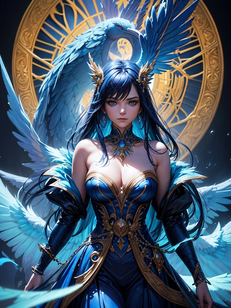 A captivating photograph featuring a female character embodying the essence of a powerful and enchanting blue phoenix. She wears a mesmerizing, vibrant ensemble that showcases her regal presence, adorned with intricate details that accentuate her blue aura. The blue fiery phoenix, with feathers ablaze, stands proudly on her shoulder, as she commands blue fire and magic. A cinematic moment unfolds, with a sharp focus on every intricate detail, as the high-quality photography and 3D render bring this fantastical scene to life, immersing viewers in a visually stunning and captivating experience. The composition is masterfully lit, with vivid colors and striking contrasts that create an unforgettable dark fantasy masterpiece., photo, vibrant, illustration, 3d render, dark fantasy