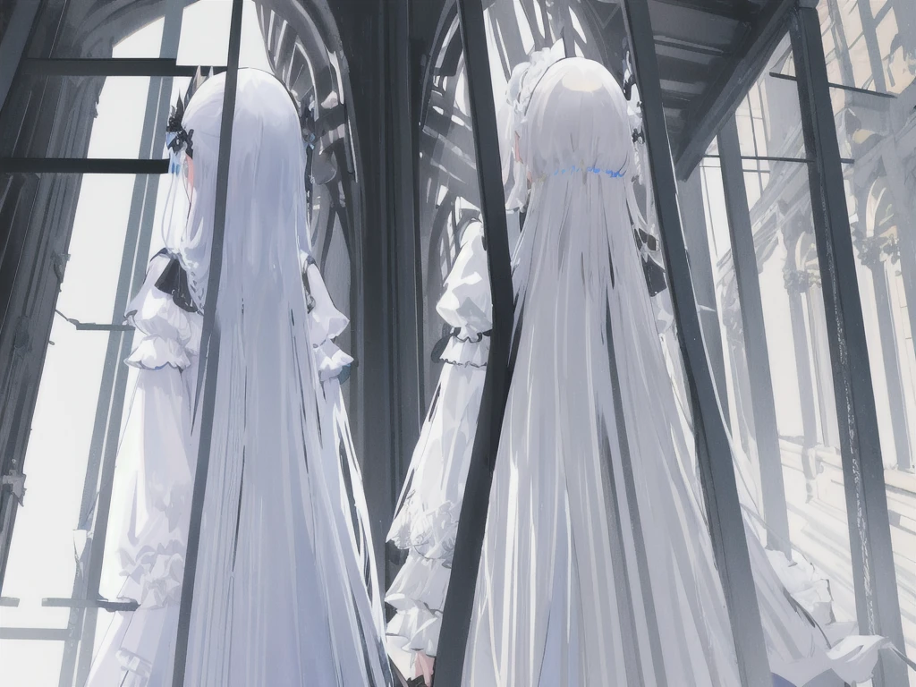 Masterpiece, best quality, Very detailed CG unity 8k wallpaper. Two women stand with their backs to each other. Opposite line between white and black