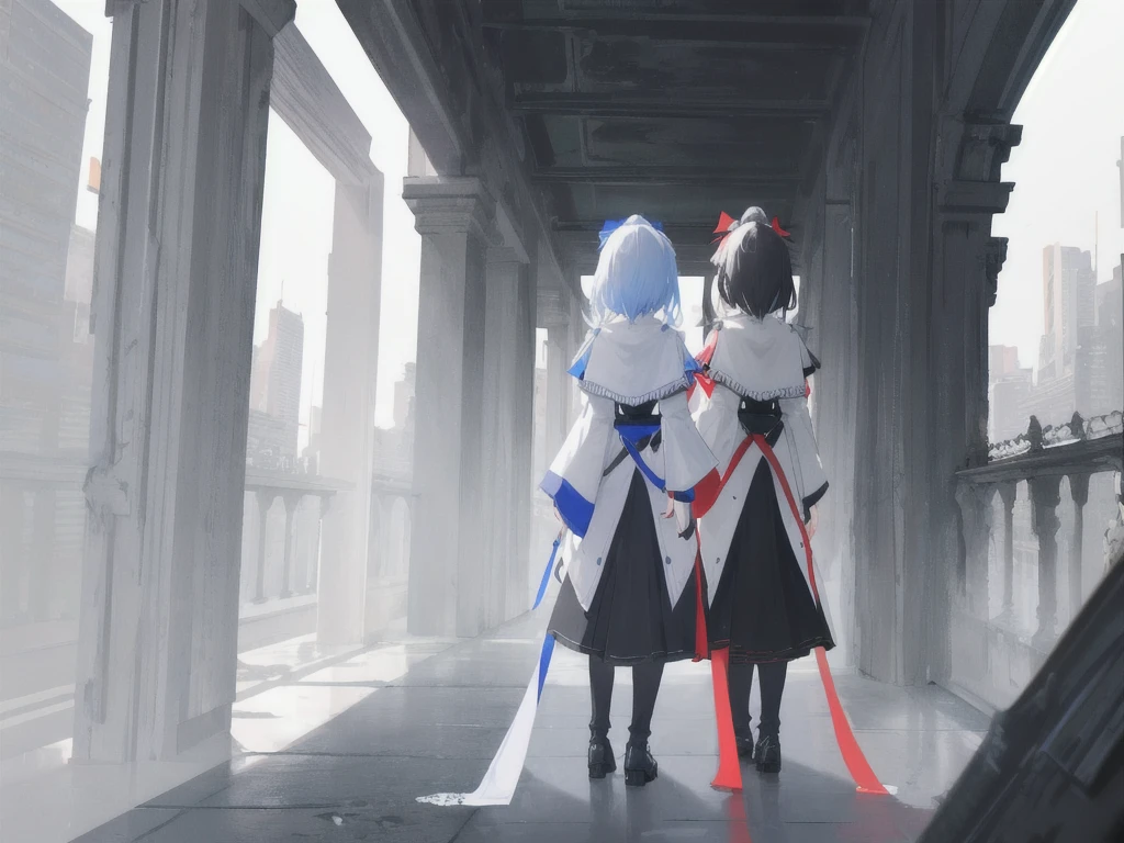 Masterpiece, best quality, Very detailed CG unity 8k wallpaper. Two women stand with their backs to each other. Opposite line between white and black