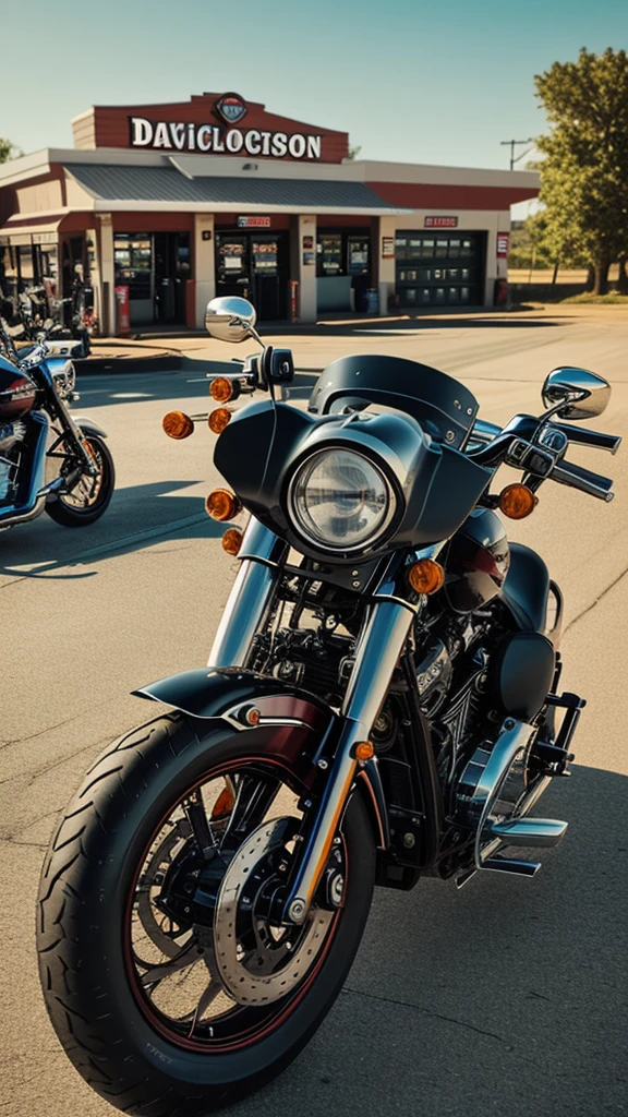 there is a motorcycle parked in front of a gas station, harley davidson motorbike, harley davidson, shot with sony alpha 1 camera, motorcycle, shot with sony alpha, shot on leica sl2, shot on canon eos r 5, shot on canon eos r5, taken with sony a7r camera, shot with hasselblade camera, taken with sony alpha 9, motorcycles
